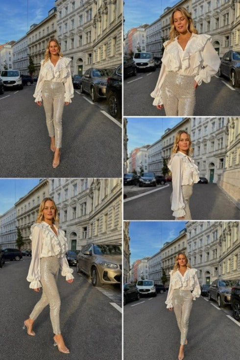 Šljokičaste slim pantalone visokog struka – Glow effect bez truda