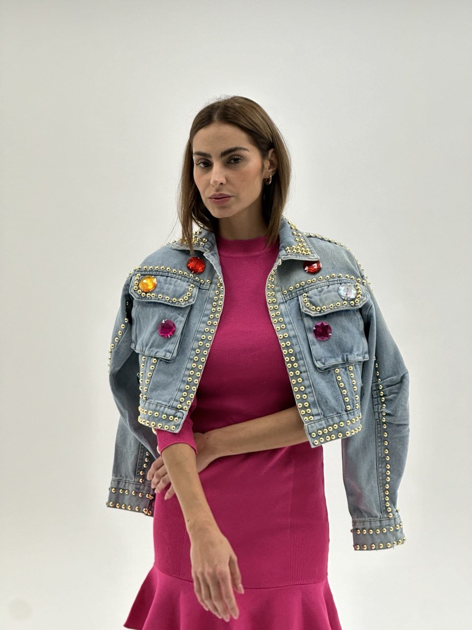 Kratka traper jakna s kristalima – Statement Denim